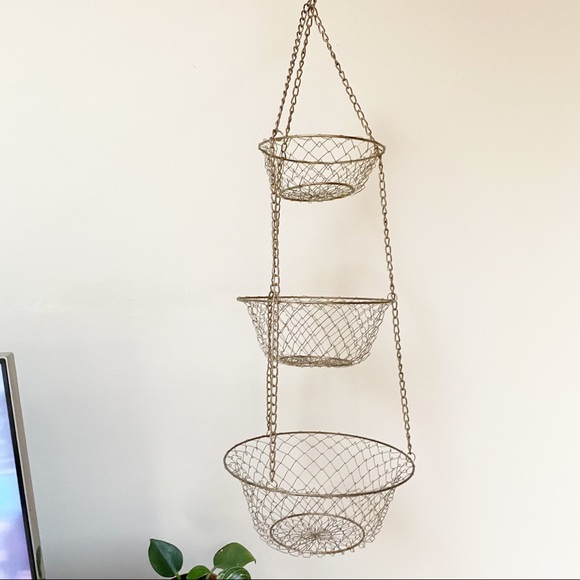 Gold Metal Hanging Tiered Produce Basket Storage